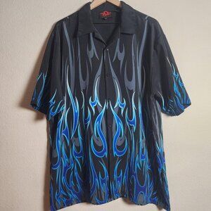 Dragonfly Clothing Shirt Mens XL Black Blue Flame Button Front Camp Y2K Style
